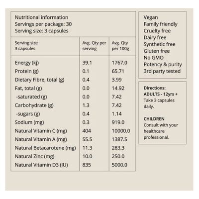 Bush Tucker Blends True Blue Immunity Capsules Nutritional Information