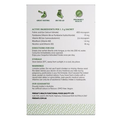 Perdays SNAP SHOT Activated Folate Sachets Nutritional Information
