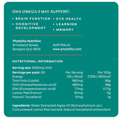 Phytality KIDS Clean Omega-3 DHA Nutritional Information