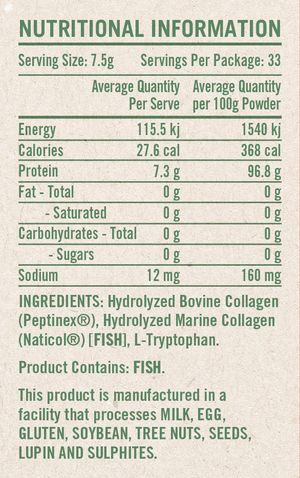 Pure Grass Fed TOTAL Collagen Peptides Nutritional Information